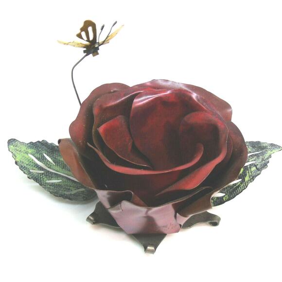 Metal 5" Red Rose Flower CANDLE HOLDER Votive Tealight Decor Brass Butterfly NWT - Picture 2 of 6